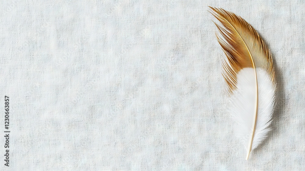 Poster a close-up of a white and gold feather on a light blue background with space for text or an image