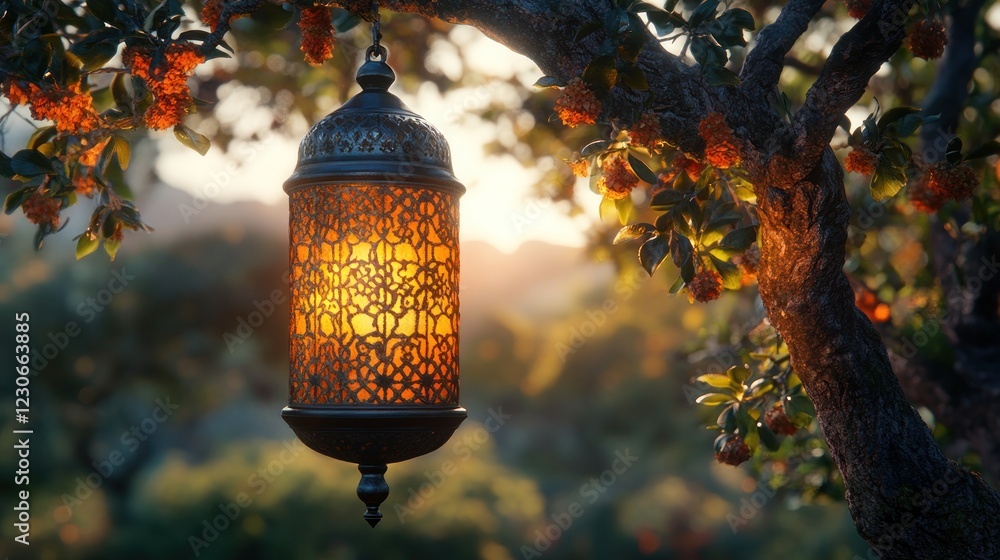 Poster illuminated lantern hanging from tree branch at sunset