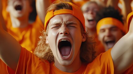 Orange sport fans screaming while supporting their team - Football supporters having fun at competition event - Soft focus on center guy face
