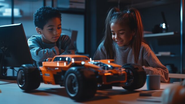 Diverse school children students build robotic cars using computers and coding. Happy multiethnic kids learning programming robot vehicles sitting at table at STEM education science engineering class - Powered by Adobe