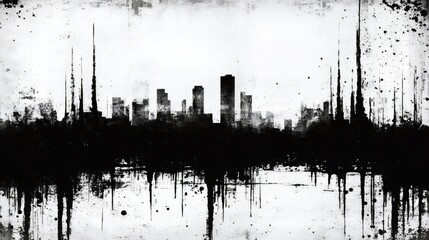 Black cityscape silhouette melting into drips of paint on a grunge white background, creating a dramatic and abstract urban landscape