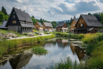 Obraz premium Charming old village with wooden houses beside a serene waterway in the countryside