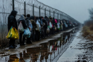 Obraz premium endless line at a border crossing, a crowd with bags and suitcases, a barbed wire fence in front of them, rainy weather, and reflections on the ground.