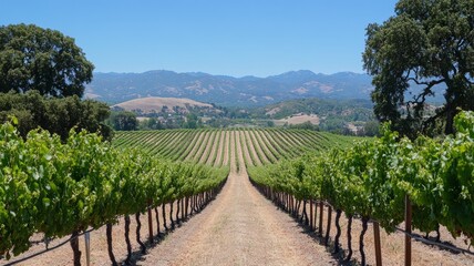 Fototapeta premium Vineyard rows stretching towards distant mountains under a clear blue sky.