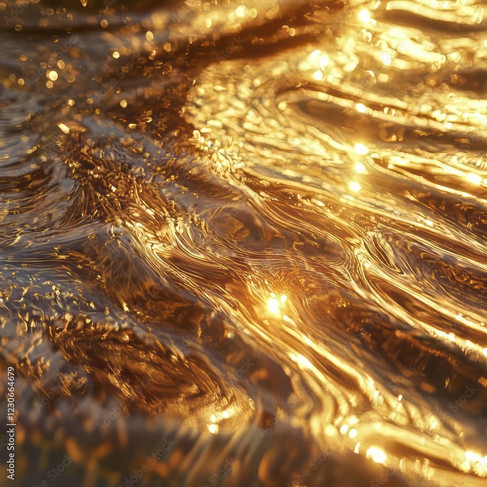 Poster close-up of golden sunlight reflecting on rippling water, creating a mesmerizing abstract pattern wi