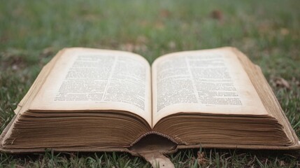 Obraz premium Open antique book on grassy surface.