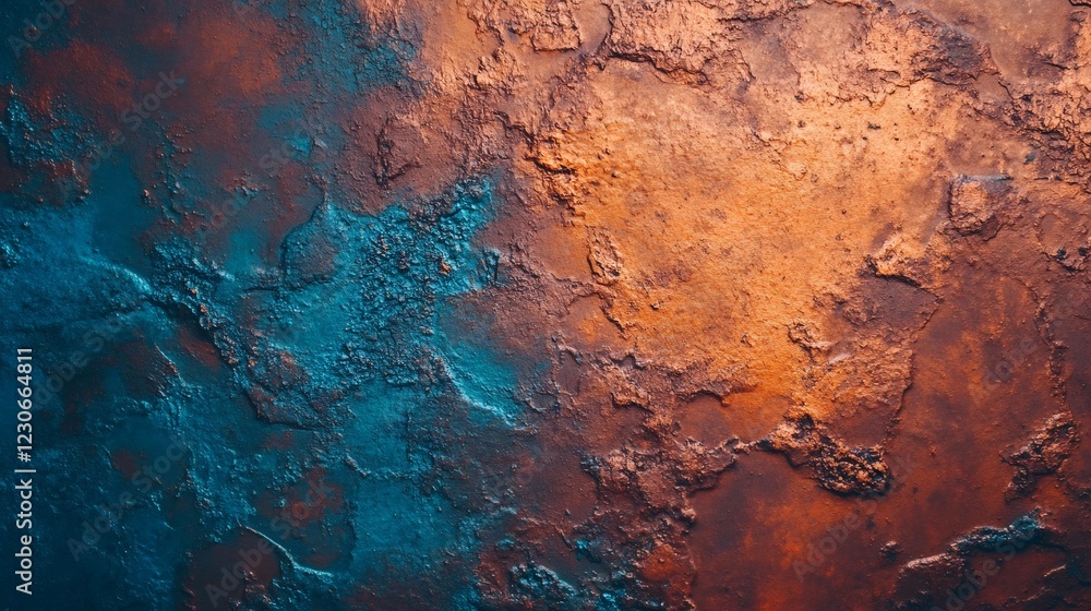 Poster metallic copper and blue textured wall creating grungy abstract pattern with rough surface and indus