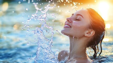 Woman enjoys refreshing water splash summer day