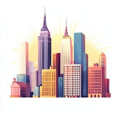 Fototapeta premium Colorful cityscape illustration featuring towering skyscrapers against a radiant sunburst, symbolizing urban life and architectural beauty.