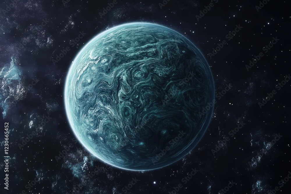 Poster exploration of a distant planet with swirling blue and green patterns in space