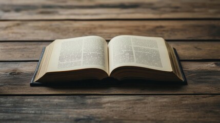 Obraz premium Open book on rustic wooden table.