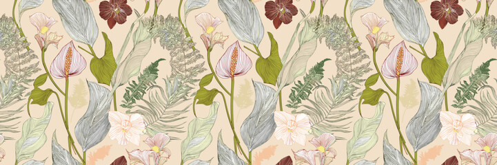 Crafted traditional floral motifs with delicate lace textures, stylized climbing flowers, and baroque accents.