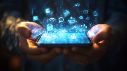 Hands holding smartphone with social media icons drawn around it.