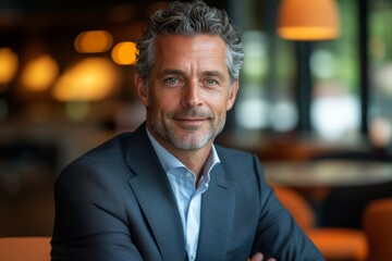 Fototapeta premium Confident businessman smiles warmly in modern cafe during afternoon meeting with clients