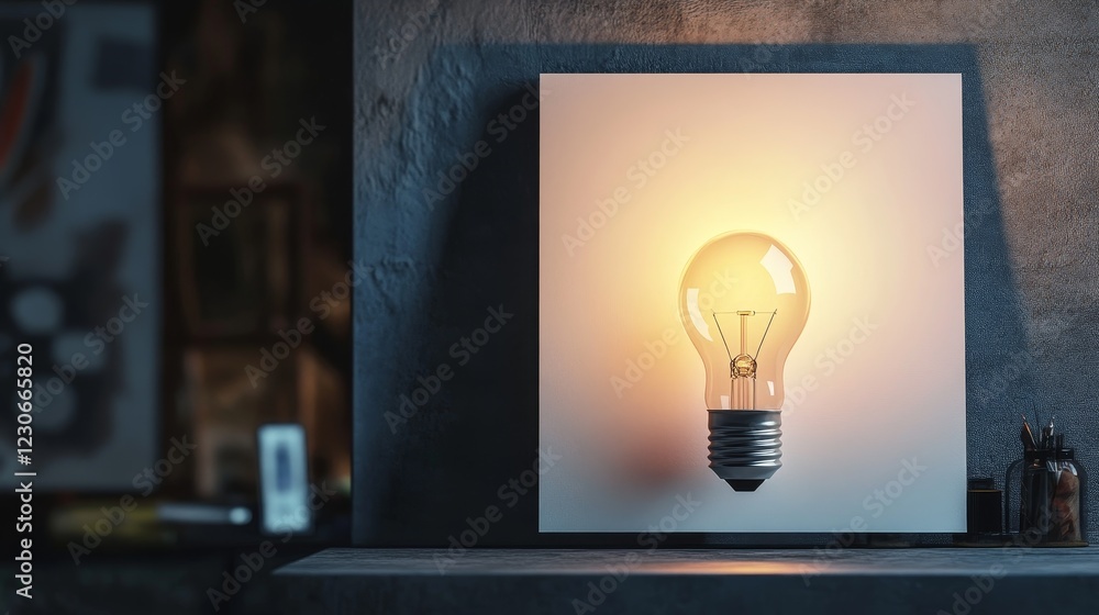 Poster a bright light bulb gently glows against a modern wall, creating an inviting atmosphere. this artist
