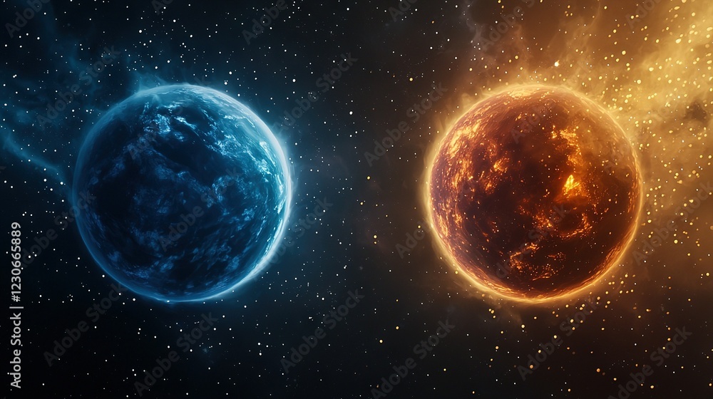 Poster image of two planets in space with a star in the foreground and a blue planet in the background
