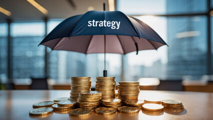 Protecting investments with strategic planning under a financial umbrella in a modern office setting