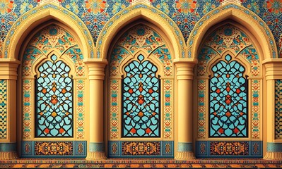 Obraz premium Three Ornate Arched Windows with Intricate Blue Patterns on an Embellished Wall