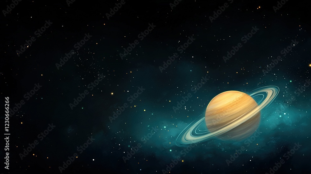Poster an artistically rendered planet with a central ring and starry backdrop