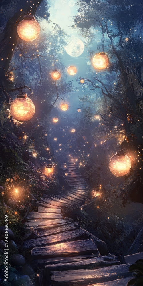 Poster a mystical forest path lit by glowing lanterns under a moonlit sky, creating an enchanting and magic