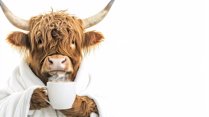 Highland cow in a bathrobe holding a cup of hot beverage, against a clean white background, combining rustic charm with humor and a cozy morning vibe