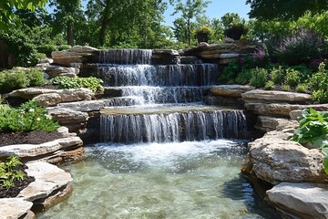 Serene tiered waterfall cascading into a tranquil pond, surrounded by lush greenery and rocks in a sunny garden.