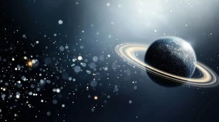  An artistically rendered depiction of a celestial body with a central ring encircled by a halo of stars set against a vast cosmic backdrop