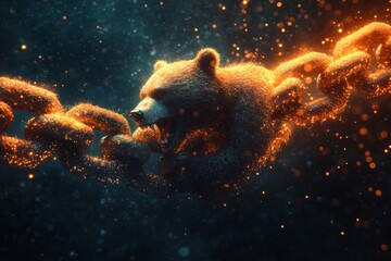 Naklejka premium Roaring bear breaking chains in a dramatic display of power against a mystic background