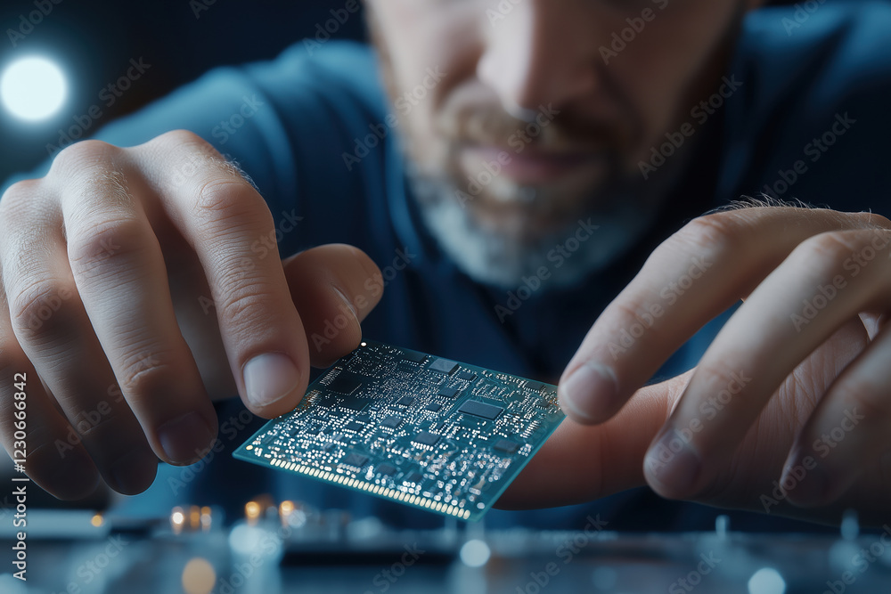 Poster skilled technician assembling a circuit board in a modern workspace under soft lighting