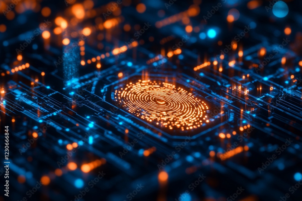 Poster digital fingerprint pattern on a circuit board with blue and orange lights illustrating technology i