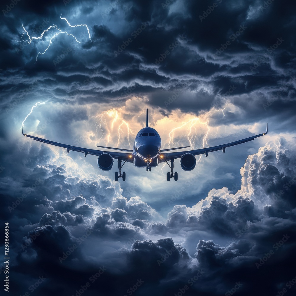 Poster airplane navigates turbulent storm clouds amid flashing lightning in dramatic sky. generative ai