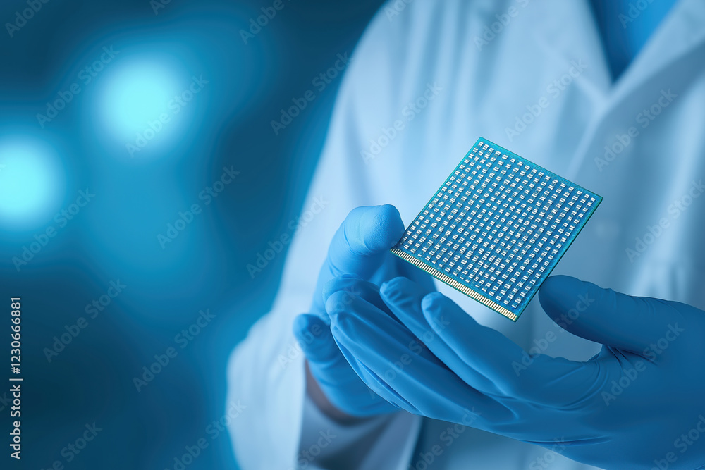 Poster scientist holds microchip in laboratory with blue background and focus on technology