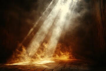 Dark room illuminated by beams of light with mist creating a mystical atmosphere