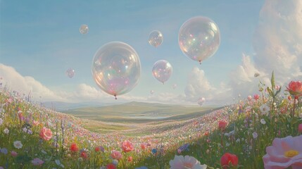 Transparent Balloons Float Above a Vibrant Flower Field