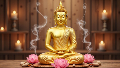 Fototapeta premium Golden Buddha statue meditating with lotus flowers and candles
