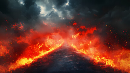 The path to hell is blazing hot, with a terrifying red smoke in the background. Blazing Path. Illustration