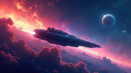 Obraz premium Colorful digital illustration of a futuristic spacecraft traveling