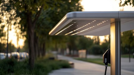 A close-up of a solar-powered electric car charging station, modern and eco-friendly design, bright and clean aesthetic