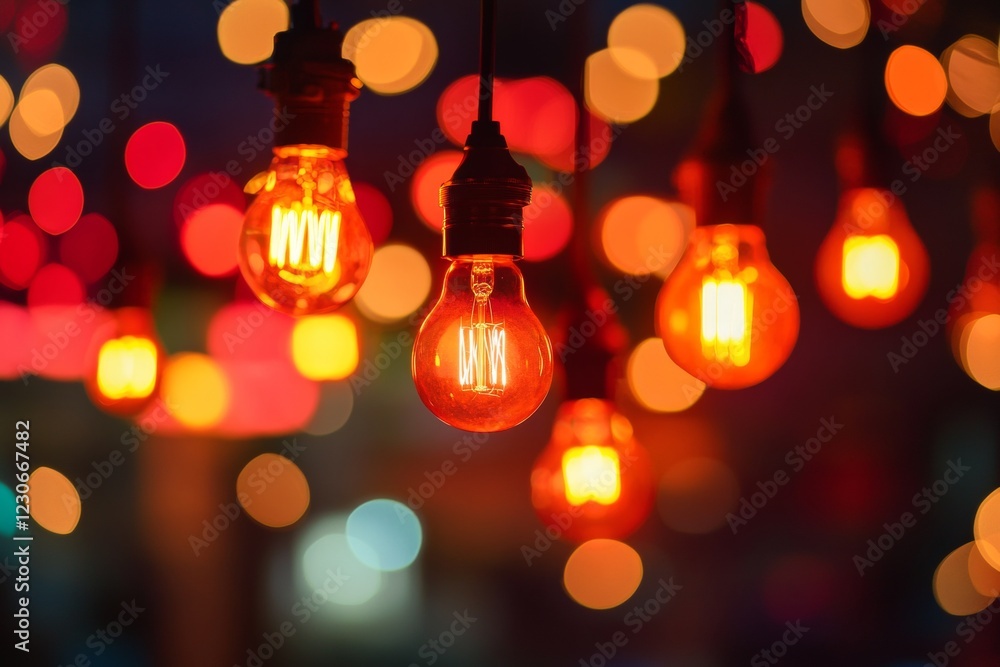 Poster close-up of glowing edison bulbs with a colorful bokeh background, creating a warm and inviting atmo