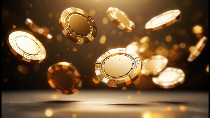 Golden gaming chips floating above a softly illuminated surface in a casino setting