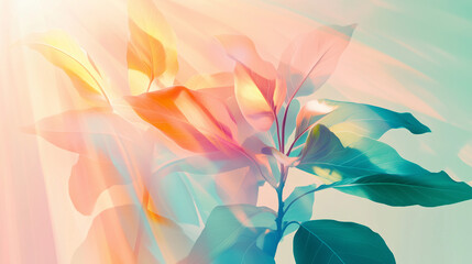 Stylized May Day Banner, Abstract Representation of Spring Awakening with Green Leaves and Light Rays, Soft Pastel Tones and Light Effects 