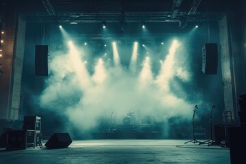 Empty stage with lighting equipment and smoke creating an atmospheric concert setting