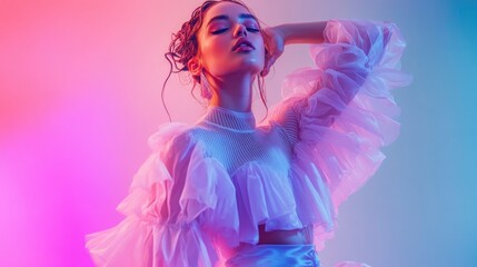 A futuristic fashion portrait of beautiful model with bright, saturated colors, arranged on a vibrant gradient background