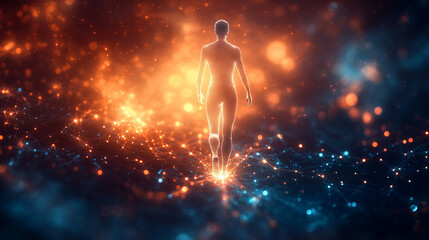 Naklejka premium Digital human figure in futuristic interface symbolizing personalized medicine and precise diagnostics with minimalistic design, bright lighting, and modern elements