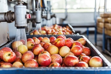 High-tech machine efficiently washes apples using brushes and water jets, showcasing a clean and vibrant industrial setting