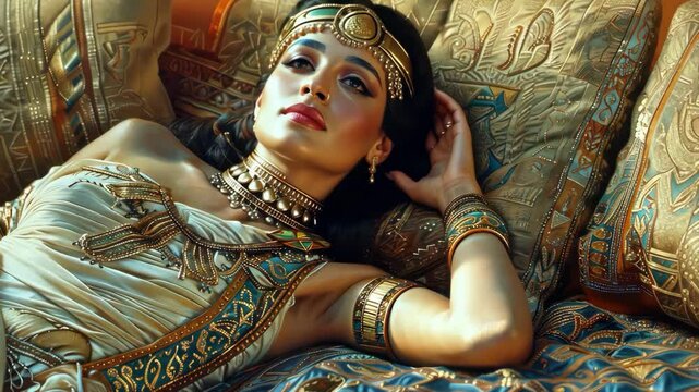 A woman is laying on a bed with a gold headband on her head. She is wearing a white dress and gold jewelry. The image has a regal and elegant mood