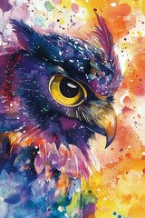 A striking watercolor painting of an owl with vivid colors and intricate details, showcasing its intense gaze and vibrant feathers.