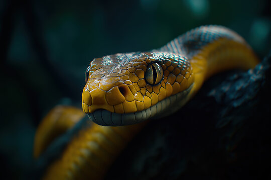 Close-up of a yellow python resting on a branch in a lush tropical forest