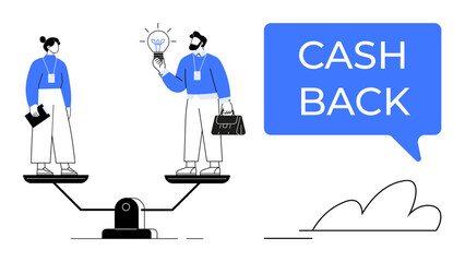 Two businesspeople on a seesaw, one holding a lightbulb representing ideas, another with a briefcase and document. Ideal for finance, banking, business strategy, rewards programs, financial planning