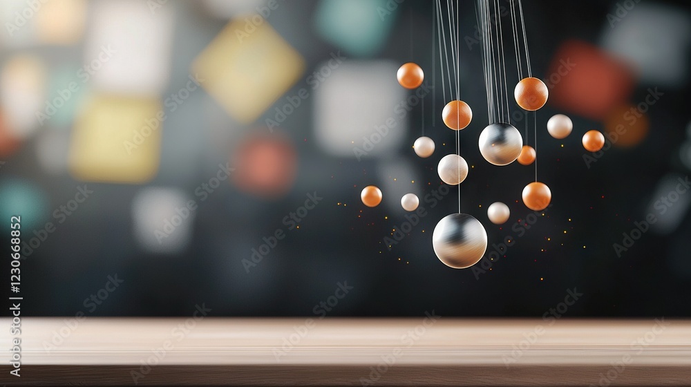Poster a few balls on strings hanging in a well-lit room with a sharp focus wall behind them